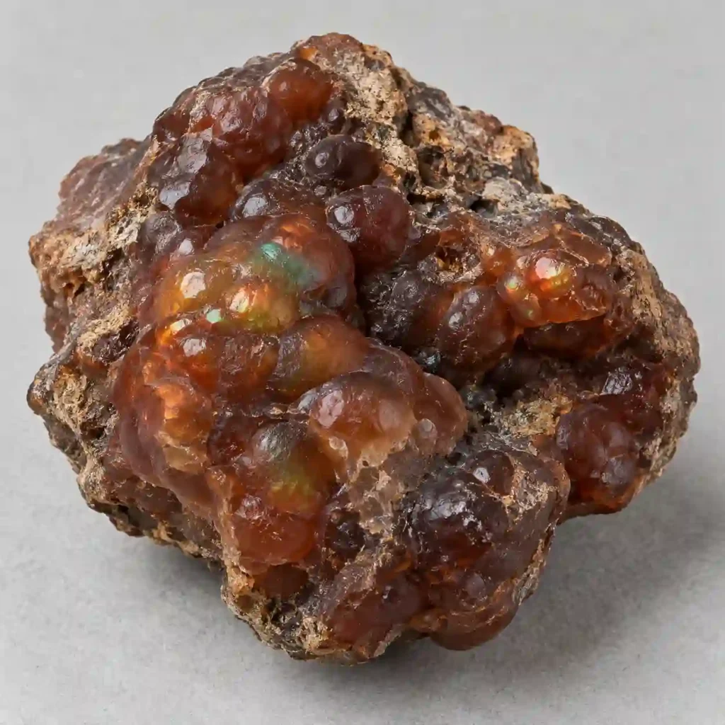Fire Agate Meaning illustration of rough brown stone with rounded surfaces and small iridescent areas
