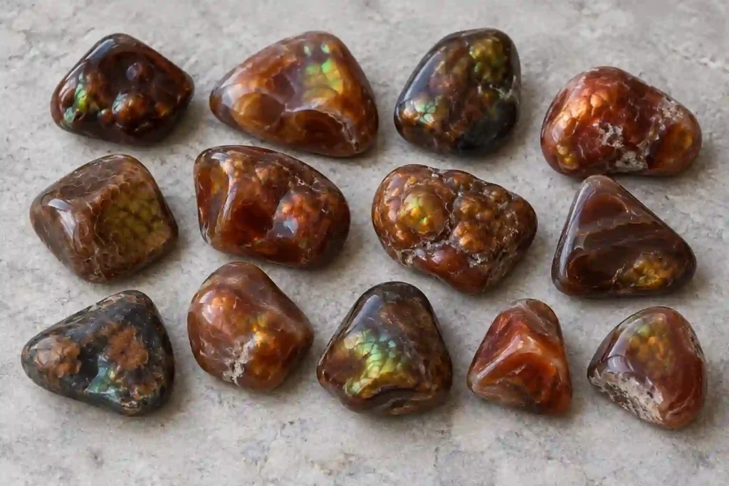 Fire Agate Meaning illustration showing polished brown tumbled stones with varied shapes and colors