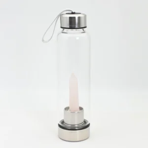 Rose Quartz Water Bottle Wholesale – glass bottle with a rose quartz point mounted in the base
