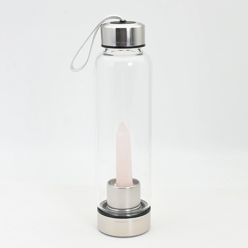 Rose Quartz Water Bottle Wholesale – glass bottle with a rose quartz point mounted in the base
