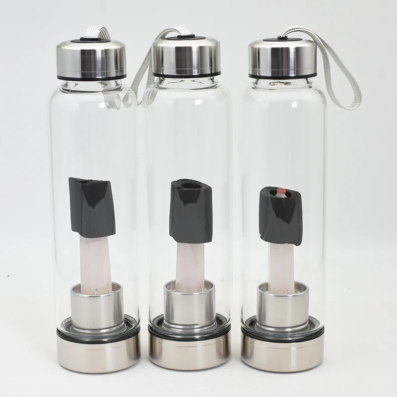 Rose Quartz Water Bottle Wholesale – three crystal bottles with different stone inserts