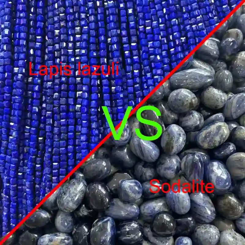 Sodalite vs Lapis Lazuli visual comparison of blue bead strands and polished tumbled stones