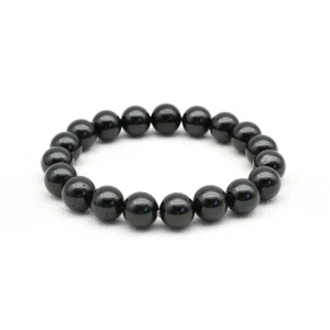 Black Spinel Bracelets Wholesale – 10mm polished black round bead bracelet on a white background.