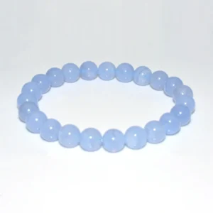 Blue Lace Agate Bracelet Wholesale with polished 8mm round beads on a white background