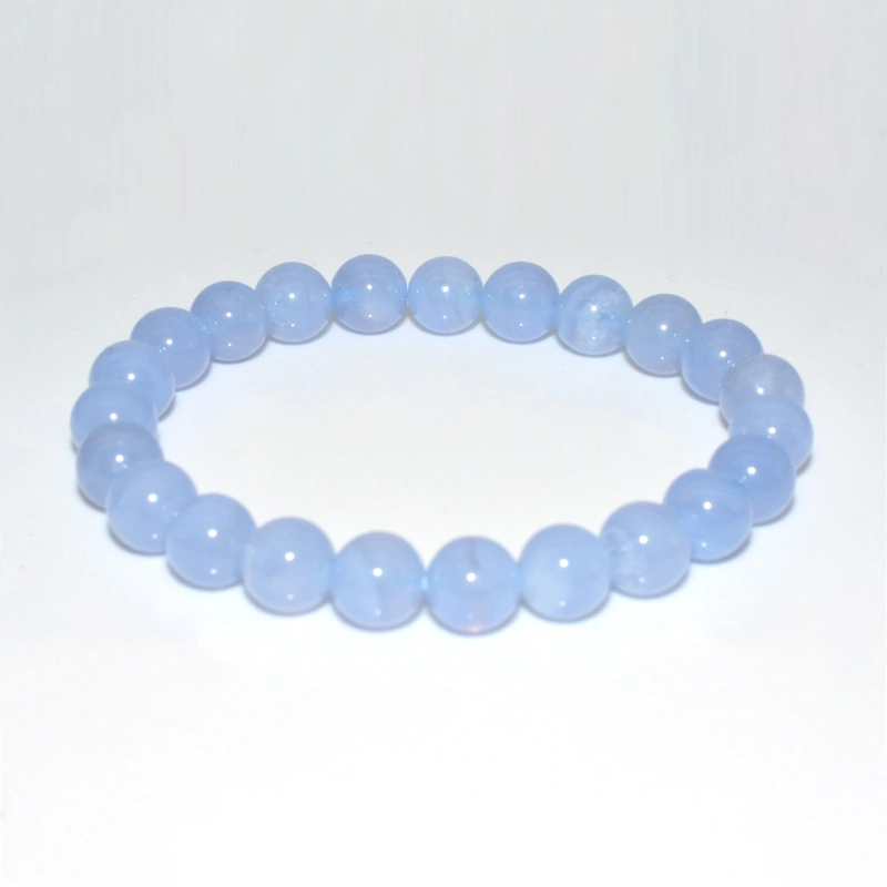 Blue Lace Agate Bracelet Wholesale with polished 8mm round beads on a white background