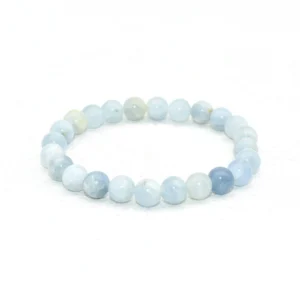 Celestite Bracelet Wholesale – 8mm pale blue round bead bracelet on a white background