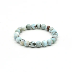 Larimar Bracelet Wholesale featuring 8mm round beads with blue, white, and darker natural markings
