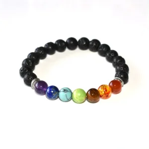 Chakra Bracelets Wholesale featuring black lava beads and seven colored beads on a white background