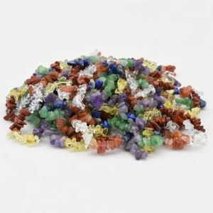 Chakra Chip Bracelet Wholesale with multiple colorful stone chip bracelets arranged on a white background
