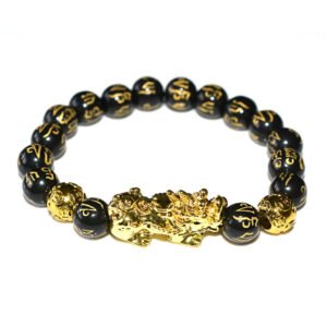 Feng Shui Bracelet Wholesale showing a single engraved black bead bracelet with a gold-tone Pixiu charm on a white background