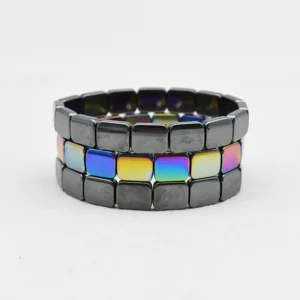 Men's Hematite Bracelet Wholesale showing three stacked bracelets with dark gray and rainbow rectangular beads
